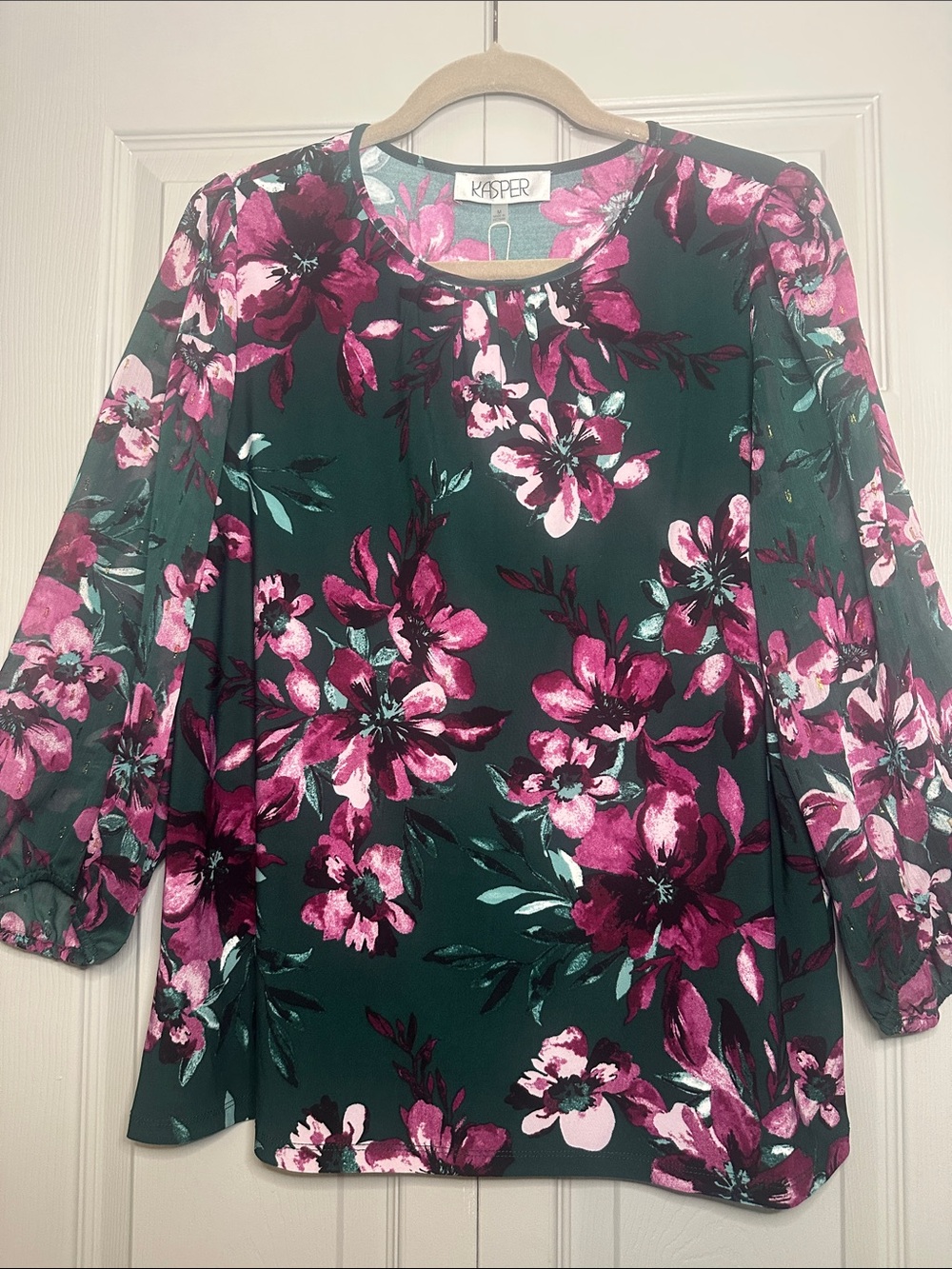 Kasper Green Blouse with Pink Floral Print